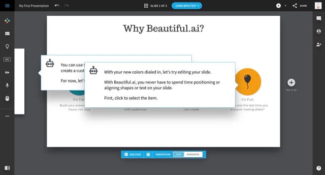 Beautiful.AI presentation interface (representing template-focused tools)